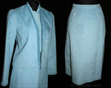 Size 6 Blue Suit - Bluebird Faux Suede 3-Pc Suit with Ruffle Trim - 598 Dollar Original Tag - Three Piece Suit - 70s - Samuel Robert - 31420
