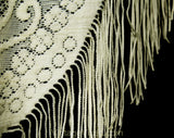 70s Antique Style Fringed Shawl - Ivory Chenille & Mesh Net - 1970s Victorian Look Roses and Flourishes with Fringe - Bohemian Beautiful