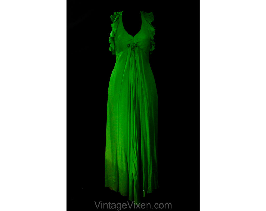Size 8 Halter Evening Dress - 1970s Grass Green Chiffon Gown - Fluttery Neckline - Medium Sexy Summer Goddess - Bust 35 - 60s 70s Deadstock