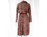 Size 6 Feather Print Dress - 1970s Soft Jersey Knit - Denim Blue Khaki & Coral Orange - 70s Spring Fall - Blouson Bodice with Cowl Neckline