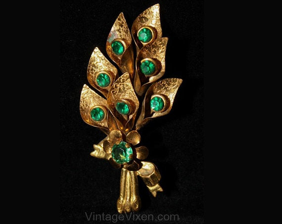 1940s Calla Lily Brass Brooch with Emerald Green Rhinestone - Beautiful 40s Gold Metal Wartime WWII Era Pin - Dimensional Bouquet - 36398-1