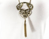70s Gold Medallion Pendant Necklace - Big Tribal Primitive Goldtone Metal with Chain Tassel - Sage Man Warrior Face 1970s Statement Jewelry