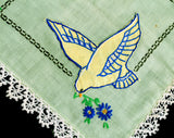 1940s Bluebirds Tablecloth - 40s 50s Blue Swallows & Daisy Embroidery - Mint Green Cotton Bridge Table Cloth - Birds are Usable Pockets