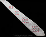 1950s Gray Silk Tie - 50s Red & Black MCM Medallions Print Men's Necktie - Atomic Elegance - Skinny 50's Cravat Titled Francais Moderne