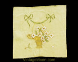 Antique Daisy Textile - Art Nouveau 1900s Edwardian Bride's Basket in Hand Embroidery - Garland Ribbon Bows - Neutral Ecru White Blue Green