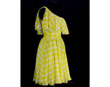 Size 4 Cocktail Mini Dress - Fabulous 1960s Yellow Polka Dot Silk Chiffon Party - One Bare Shoulder - Designer Fred Perlberg - Waist 25