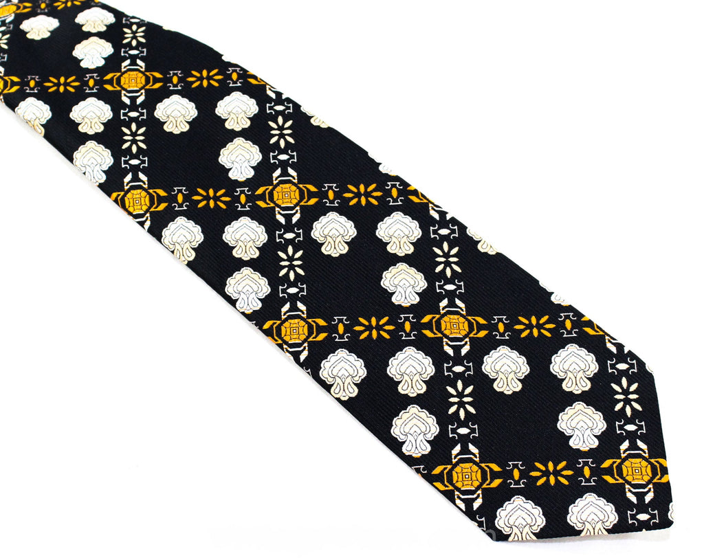 1970s Polyester Tie - Black & Orange Paisley Style 70s Necktie - Men's Neckwear - Mens 1970's Wide Width Neck Tie - Plaid Look Brocade
