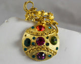 1950s Holiday Pin - Christmas Ornament Brooch - 50s Festive Jeweltone Rhinestones Jewelry - Goldtone - Orange Fuchsia Green Purple Gold