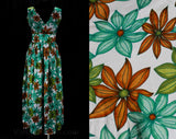 Size 10 Sun Dress - 1960s Green Daisy Print Summer Empire Maxi - Soft Silky Lightweight - 60s Sleeveless Long Dress & Sashes - Bust 36