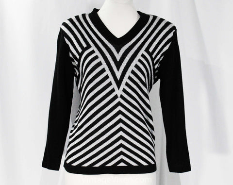 Size 12 Black Disco Sweater - Large 70s Twinkling Silver Lurex Striped Pullover - 1970s 80s Deadstock - NWT Lilly of California - Bust 41