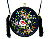 Asian Bird Evening Purse - 60s 70s Formal Handbag - Beautiful Embroidery - Fine Black Satin Bag with Shoulder Strap - Turquoise Pink Orange