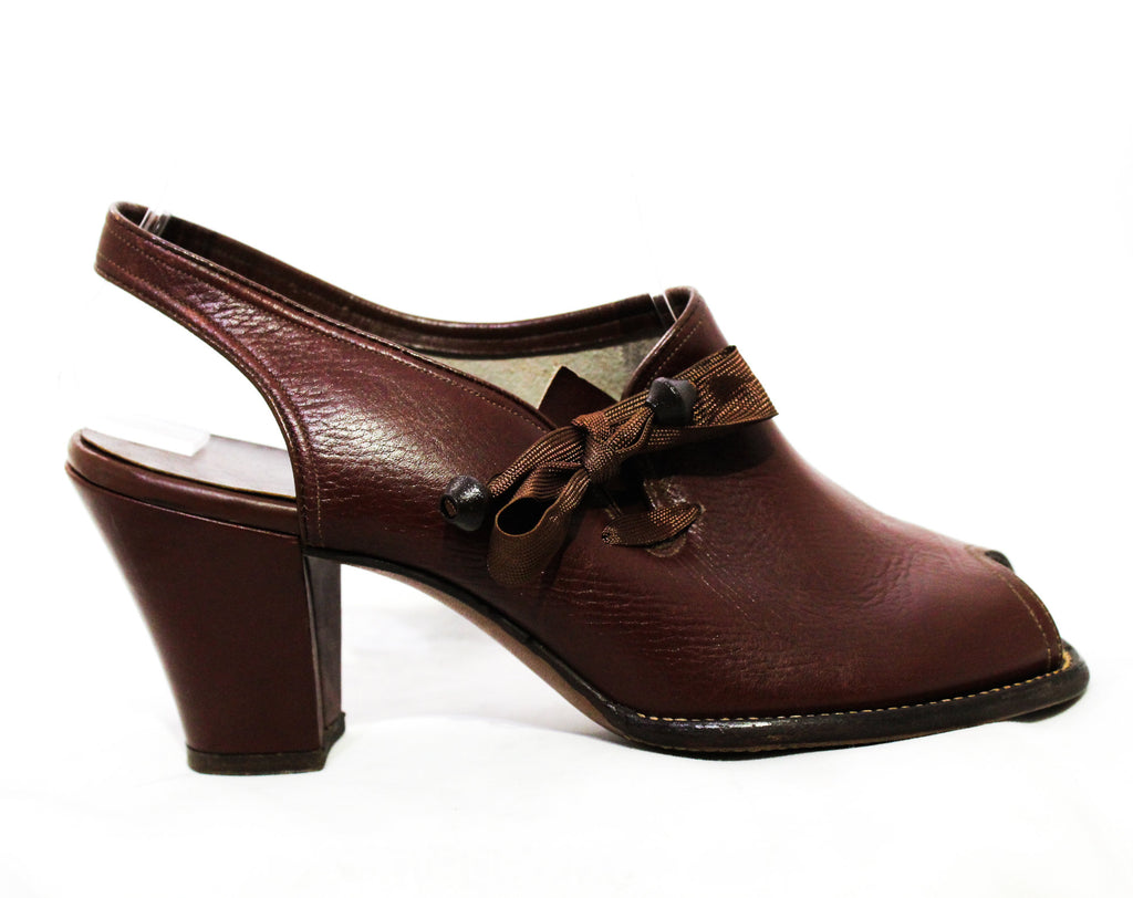 Size 5 1940s Brown Shoes - Terrific Asymmetric Lace Up Design - 5B Open Toe Leather Pumps with Wooden Beads - Chic 30s 40s NOS Deadstock
