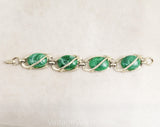 Emerald Green Ovals Bracelet - Lyrical Gold Hued Metal - 1960s Marbleized Plastic - Art Nouveau Antique Look - Goldtone Flourishes - 50405
