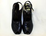 Size 5 1/2 Navy Slingback Shoes - Unworn 1940s Peep Toe Pumps - 5.5 40s Deadstock Dark Blue Leather Heels - Avant Garde Cutout Wrap Design