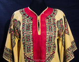 Size 8 Mini Dress - 1960s Hippie Bohemian Tunic Kaftan - 60s 70s Above Knee Sheath with Angel Sleeves - Bell Sleeve Border Print - Bust 34.5