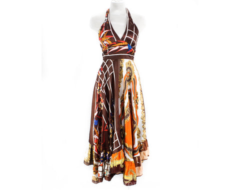 Size 6 1970s Hippie Dress - Gorgeous Scarf Novelty Print - 70s Boho Halter Summer Sun Dress - Brown & Orange - British Label - Bust 32 to 34