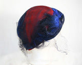 1940s Hat - Scarlet Red Felt - Sapphire Blue Feathers - Veiling - Elegant - Dramatic 41312