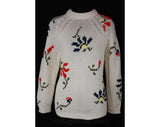 Size 10 Cute 1960s Strewn Daisies Knit Pullover - Medium 60s Sweater - Hand Embroidered - Artisan Style - Ski Sweater - Bust 37 - 36161-1