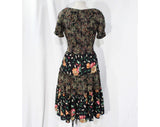 Size 6 Bohemian Sun Dress - 1940s Inspired Rayon Floral Summer Frock - 70s Prairie Boho Style Full Skirt - Black Pink Jade Green - Waist 26