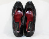 As Is Size 7 Shoes - Sexy 1980s Black Asymmetric Peep Toe Heels - Cutout Leather Stripes - 3 Inch Date Night Heels - Unworn 80s Deadstock