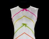 Size 6 Silk Dress - Sleeveless 1960s Summer - Colorful Chevrons & Bows - Ribbon Candy Stripes - White Tailored Dupioni - Pristine - Bust 36