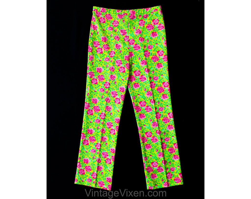 Lilly Pulitzer Pants - Size 10 Pink Roses Print - Green & Yellow Polyester Knit Preppie 70s Pant - 1970s Spring Novelty Print - Waist to 32