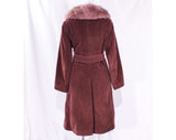 Size 12 Winter Coat with Lavender Purple Fox Collar - Large 1960s 70s Overcoat with Pockets - Brown Velour & Unique Color Fur - Bust 38