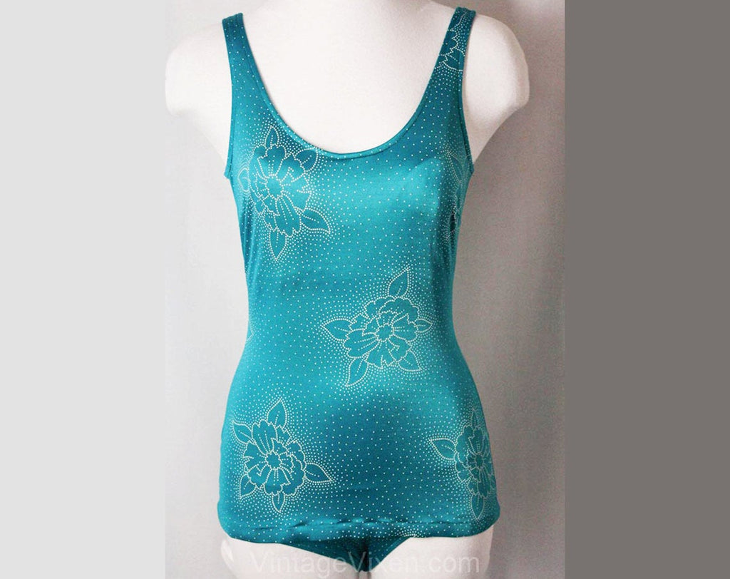 Size 6 to 8 Swimsuit - Late 1970s Teal Blue Floral Swim Suit - Small Medium 70s Bathing Suit - Retro Summer Chic - Bust 34 to 36 - 35087