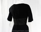 Size 6 Black 1950s Cocktail Dress - Small Marilyn Style 50s Fitted Crepe Bombshell with Pleated Taffeta Torso & Rhinestone Swag - Waist 26