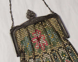 1920s Flapper Purse - Authentic Antique Whiting & Davis Metal Mesh Bag - Art Deco 20s Handbag - Pink Blue Green Floral with Chain Strap