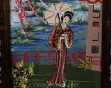 Pair Large Framed Pictures - 1940s Japanese Kimono Ladies - Hand Painted Eastern Garden Scenes - Pink Green Silver 40s WWII Era Boudoir Art