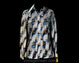 Size 6 70s Shirt - 1970s Terraced Garden Floral Print - Blue Red Yellow Green - Small Casual Long Sleeve Top - NWT Deadstock - Bust 33.5