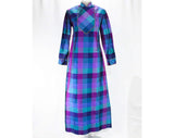 Size 10 Silk Dress - 1960s Purple & Turquoise Blue Checked Thai Silk - 60s Long Sleeved Modest Tunic Sheath - Made in India - Bust 36