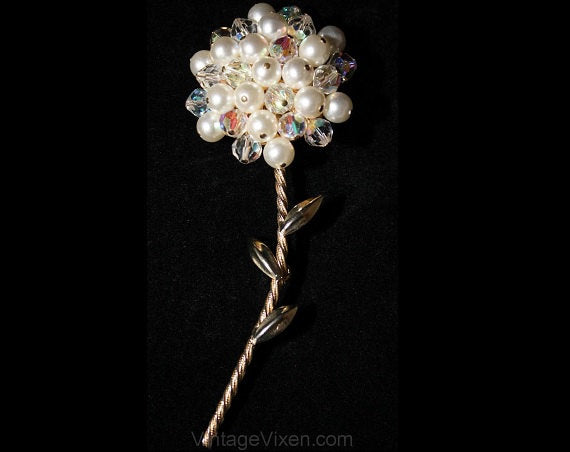 1960s Long-Stemmed Flower Pin - Gold Metal Brooch - Single Flower 60s Lapel Pin - Secretary Style - Mint Condition - 60's Baubles - 36392