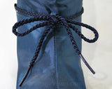 Size 6 Apres Ski Boots - Shimmery Sapphire Blue Canvas - Faux Fur Lining - Wedge Sole - Ankle Tie - Fall - Winter - 80s Deadstock - 43222-2
