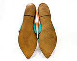 Size 7.5 Exotic Turquoise Sandals - 1960s Aqua Blue Leather Summer Shoes - Persian Style Magic Carpet Slides - Upturned Point Toes - 7 1/2 B