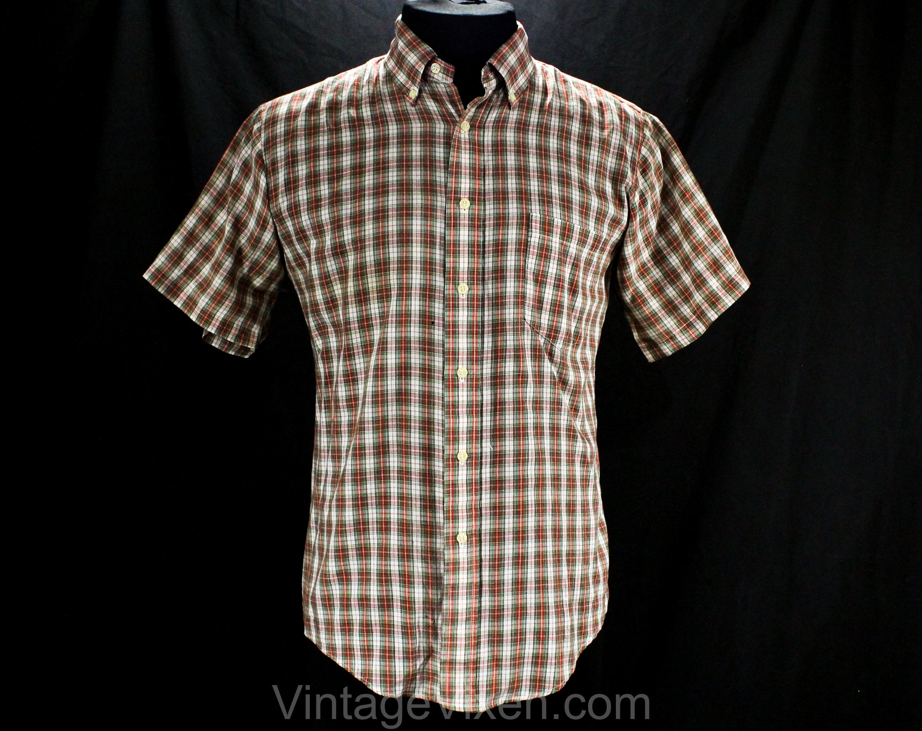 Men's Large 50s Plaid Shirt - 1950s Mens Oxford Style Casual Shirt
