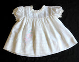 50s Baby Dress - Size 6 Months - 1950s White Cotton Frock - Antique Style Layette - Pink & Blue Flower Bouquet Embroidery - Hand Sewn Detail