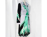 Size 4 Aquatic Print Dress from Italy - 1960s Designer Boutique Label Gianantonio - Emerald Green Black & Gray Cotton Border Print - Bust 33