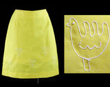 Size 10 Chickens Sport Skirt - Yellow Cotton & Chain Stitching - Folksy 60s Summer Casual Wear - Medium 1960s 70s Preppie Bird - Waist 27.5