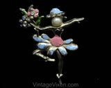 Fairy Ballerina Fantasy Brooch - 1950s Mythological Pin - Woodland Faerie - Painted Pink Blue Daisy Flowers - 50s Novelty Jewelry - 50563