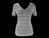 Size 6 Crochet Blouse - Short Sleeve 1960s 1970s Ivory Cream Hand Crocheted Openwork Top - Meticulous Chinese Handiwork - Bust 34.5