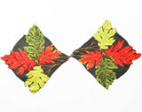 Autumn Leaves Silk Scarf - Fall Novelty Print Leaf Squares - Red Olive Spinach Chartreuse Green - 1950s Ladies Ascot with Hand Rolled Hems