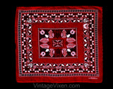 Western Handkerchief - Red 1950s Novelty Print Bandanna - Rockabilly Cowgirl Cotton - 50s 60s Hearts Geometrics - Southwest Pin-Up Girl
