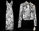 Size 8 1970s Resort Chic Sun Dress & Jacket - Black and White - Tropical Floral Jersey - Monochromatic Maxi Dress - NWT - Bust 35.5 - 41856