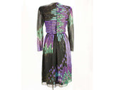 Reserved for E - Size 6 Hanae Mori Dress - Artsy 1980s Designer Cocktail - Gorgeous Purple Teal Blue & Emerald Black Satin Chiffon - Bust 34