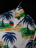 Men's Medium Aloha Shirt - 1960s Palm Island Novelty Print Cotton Mens Hawaiian Style Top - Bright Tropical Colors - 60s Summer - Chest 43