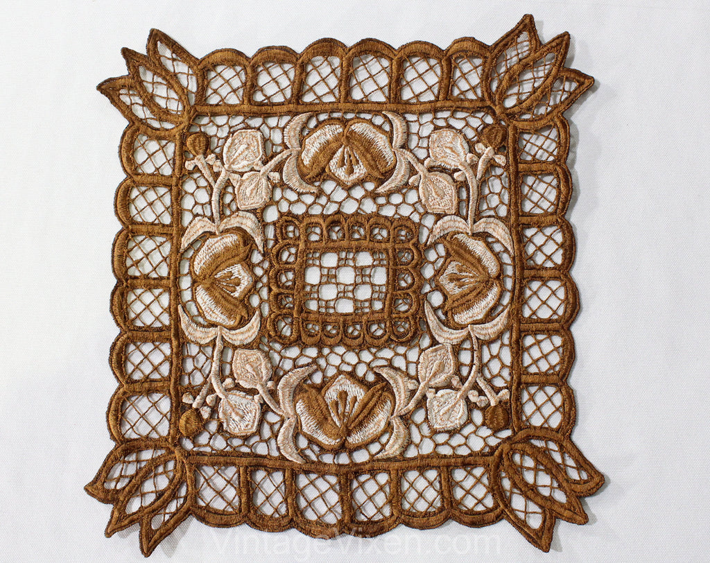 Brown Embroidered Dresser Textile - Table Runner Style Cutwork Embroidery Square - Floral Antique Inspired Doily - Cocoa and Ivory Lattice
