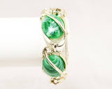 Emerald Green Ovals Bracelet - Lyrical Gold Hued Metal - 1960s Marbleized Plastic - Art Nouveau Antique Look - Goldtone Flourishes - 50405