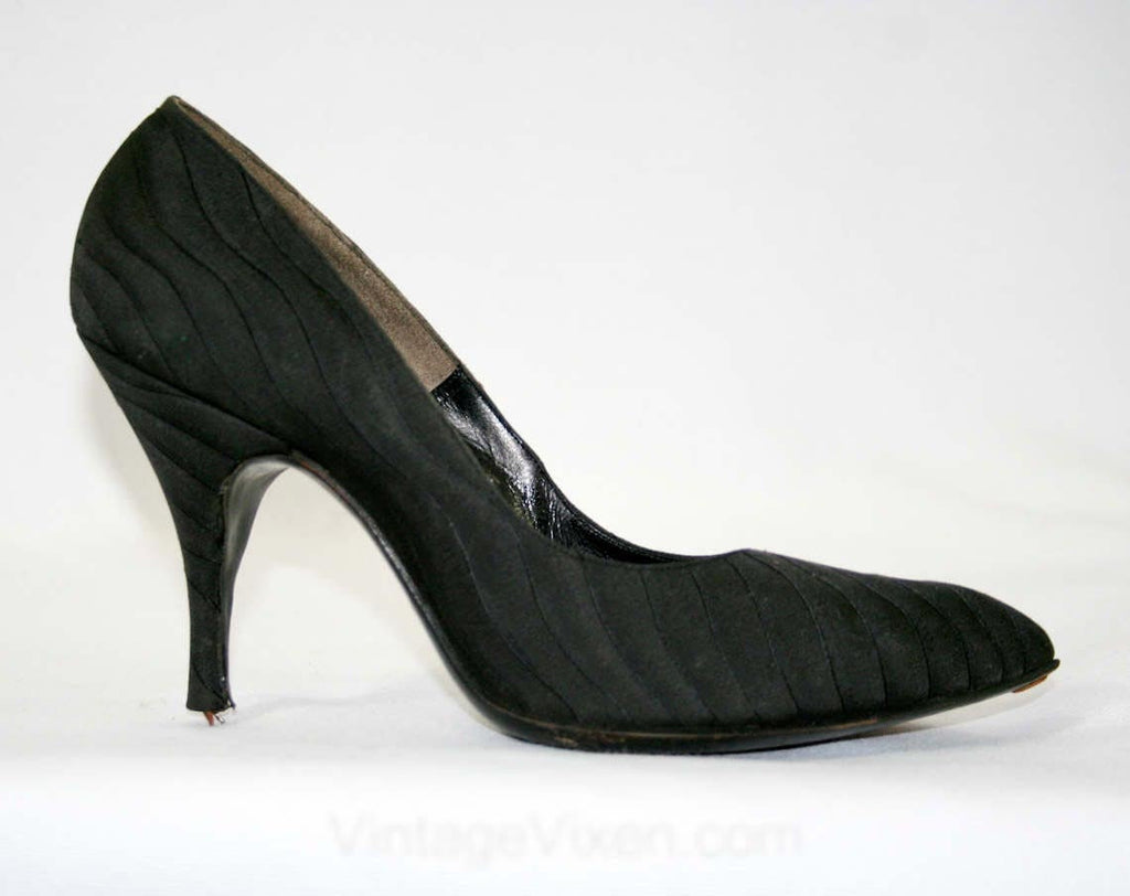 Size 6.5 Black Shoes - Gorgeous 1950s Stilettos - Silk Brocade High Heels - Size 6 1/2 A Narrow Width - Sexy 50s Heels - DeLiso Debs - 41537